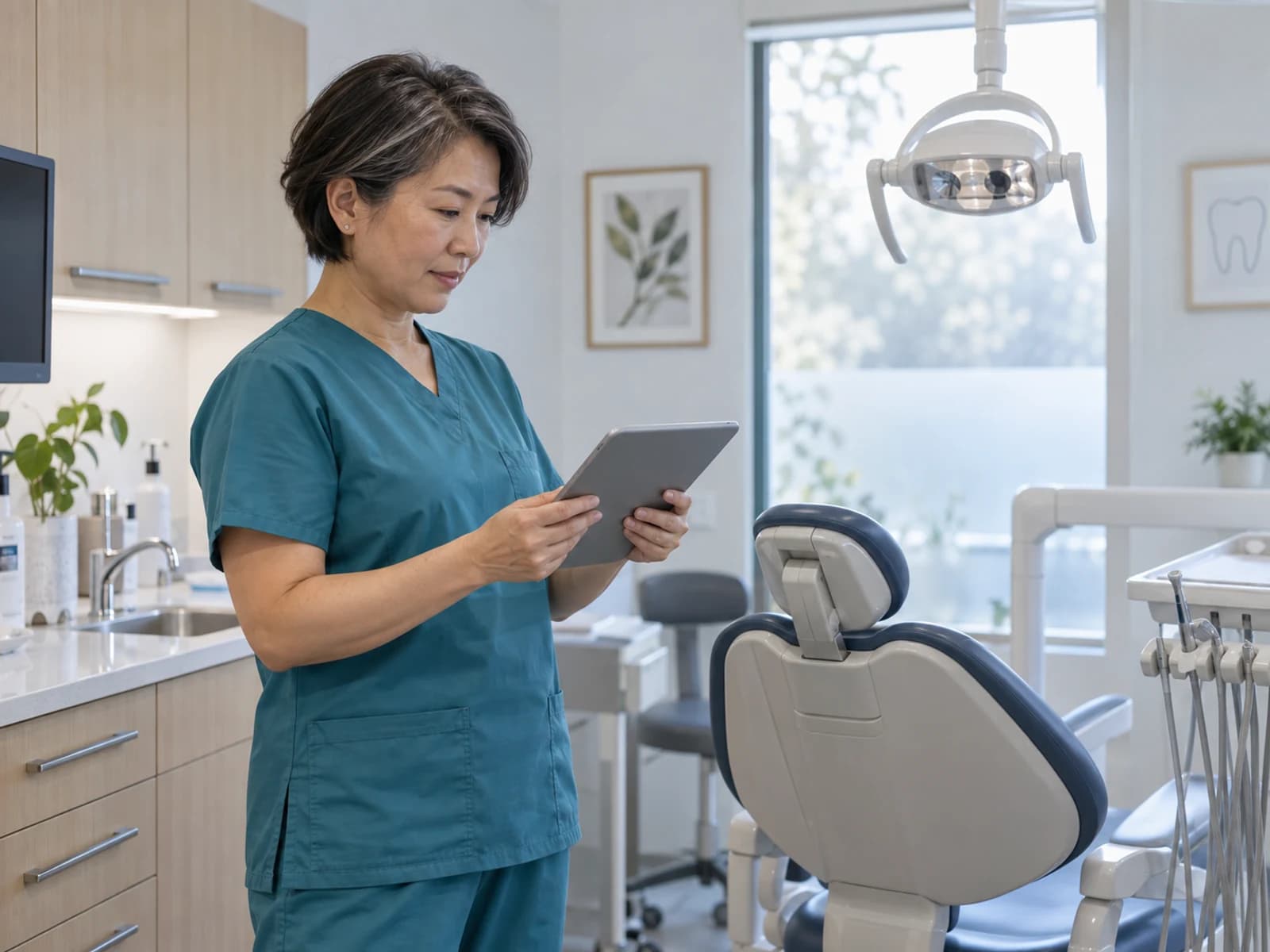 A dental professional reviewing the practice schedule