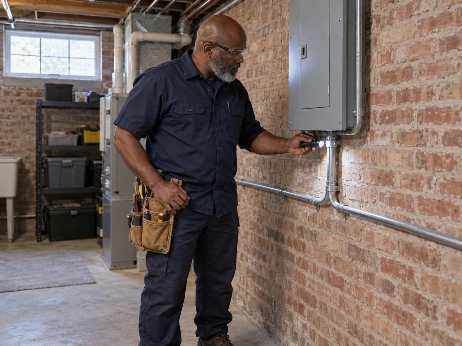 An electrician wearing safety glasses working at an electrical panel.