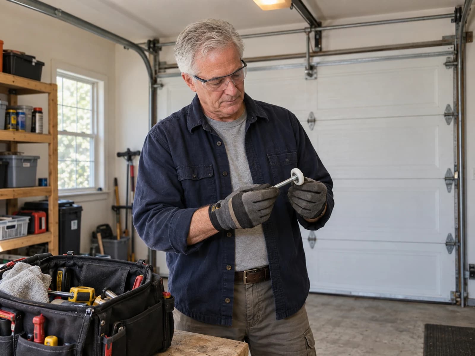 A garage door professional repairing a residential garage door