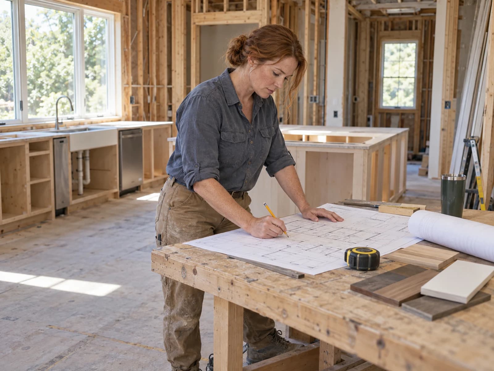 A general contractor reviewing plans during a home renovation