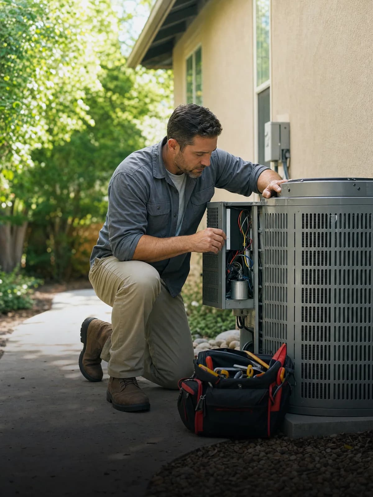 HVAC technician working beside a service vehicle