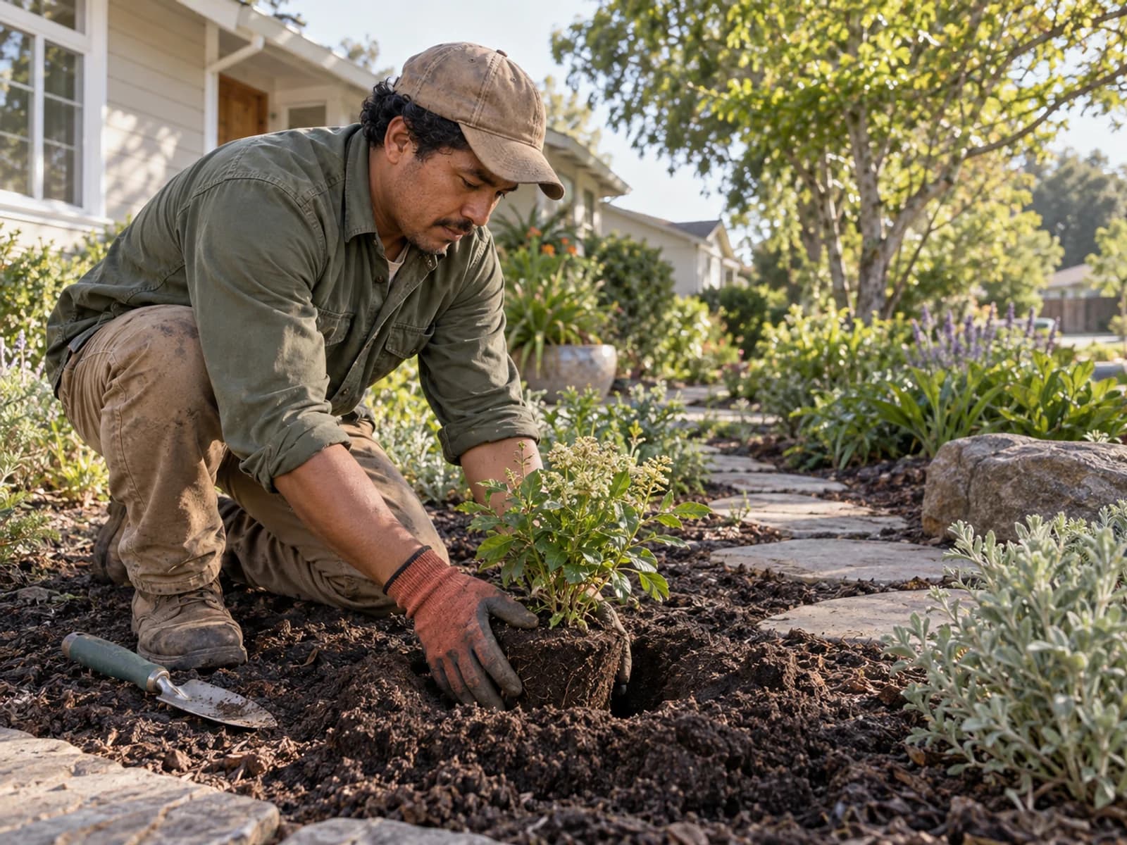 A landscaping professional shaping a residential garden