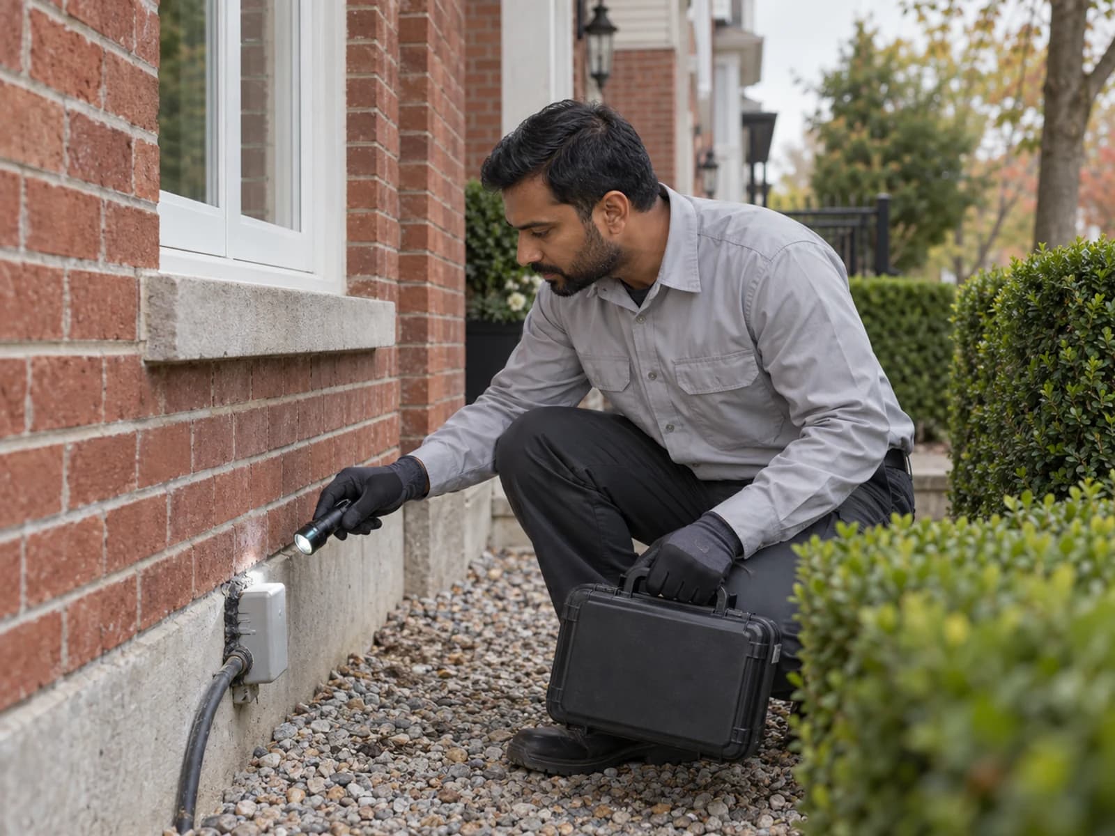 A pest control professional inspecting the exterior of a home