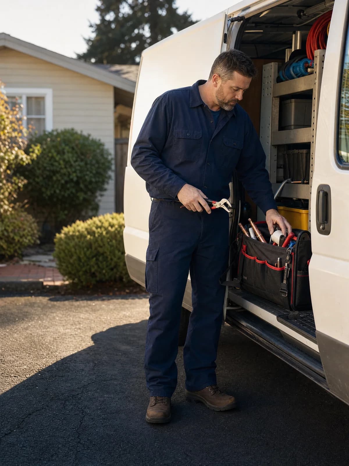 Plumber preparing for a local service call
