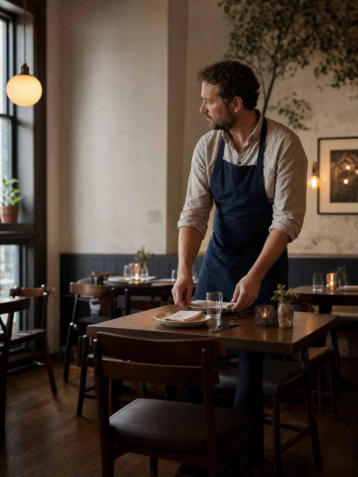 Restaurant owner preparing for service