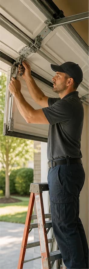A garage door professional repairing a residential garage door