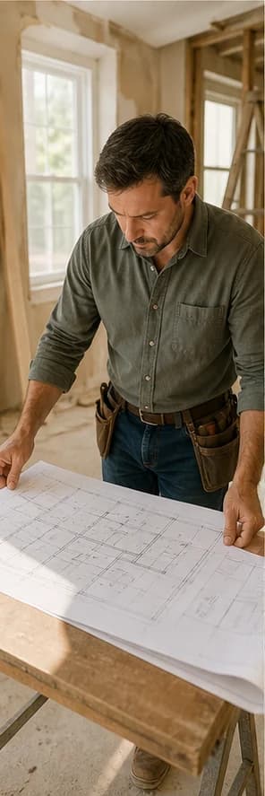A general contractor reviewing plans during a home renovation