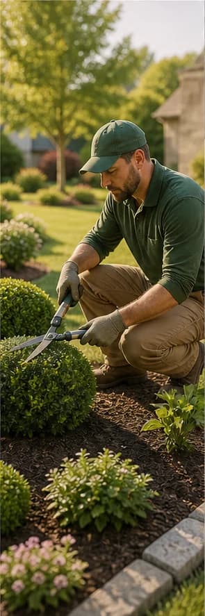 A landscaping professional shaping a residential garden