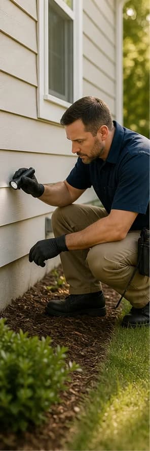 A pest control professional inspecting the exterior of a home