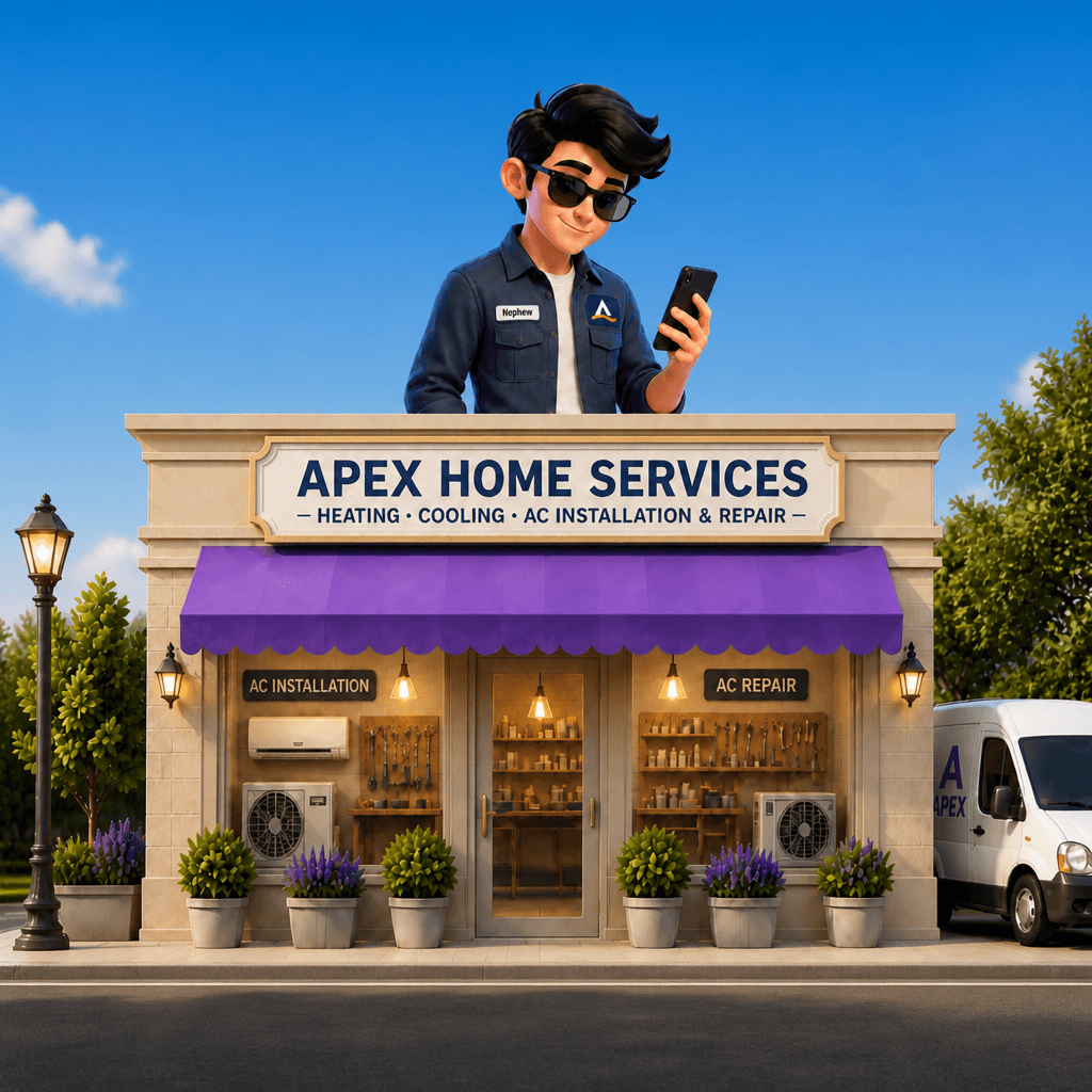 Nephew working on a laptop and phone above the Apex Home Services storefront and service van
