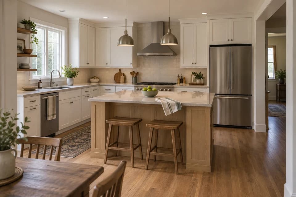 A finished kitchen with white cabinets and an oak island