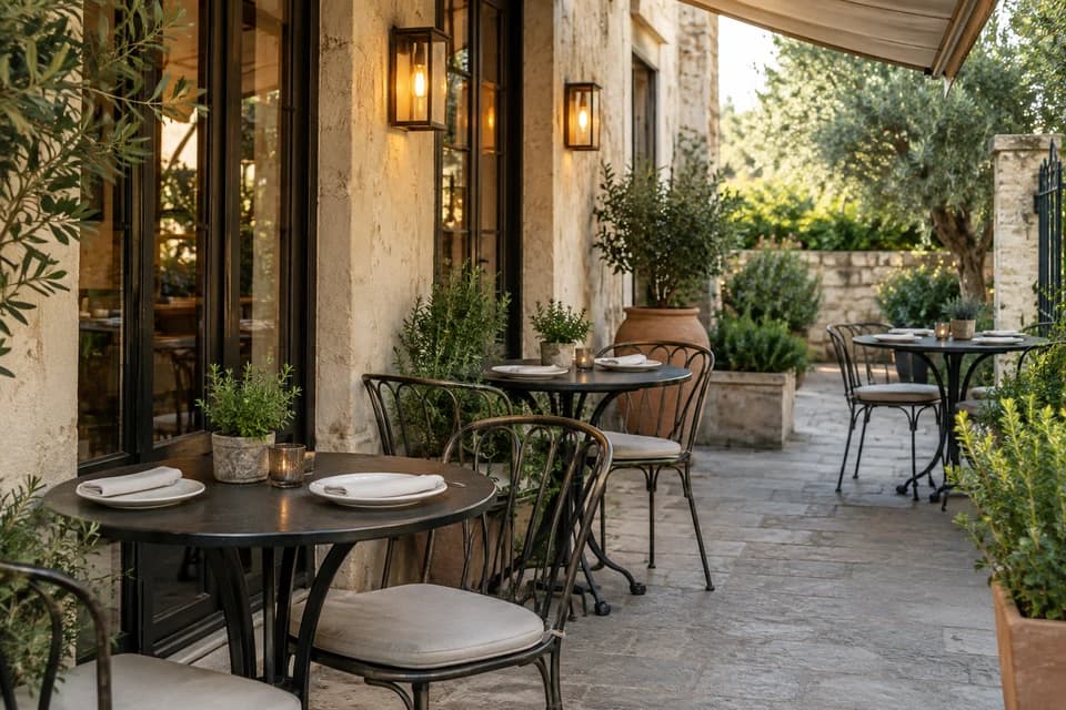 A neighborhood restaurant patio set for evening service
