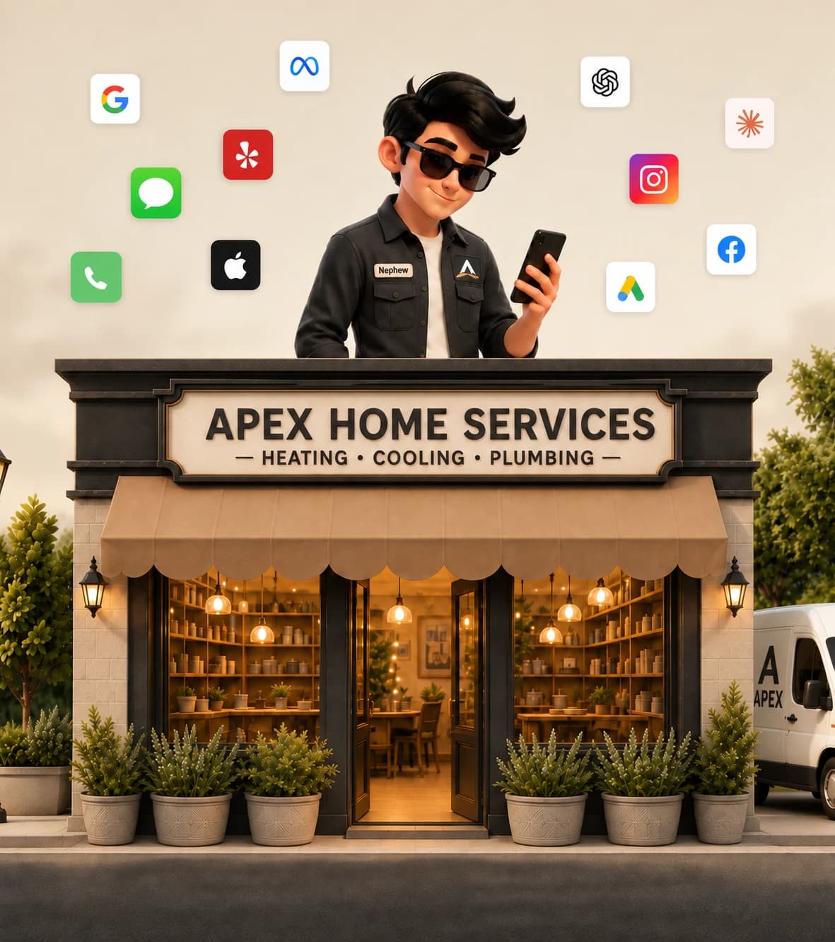 Nephew at the Apex Home Services storefront, connected to the places customers find the business.