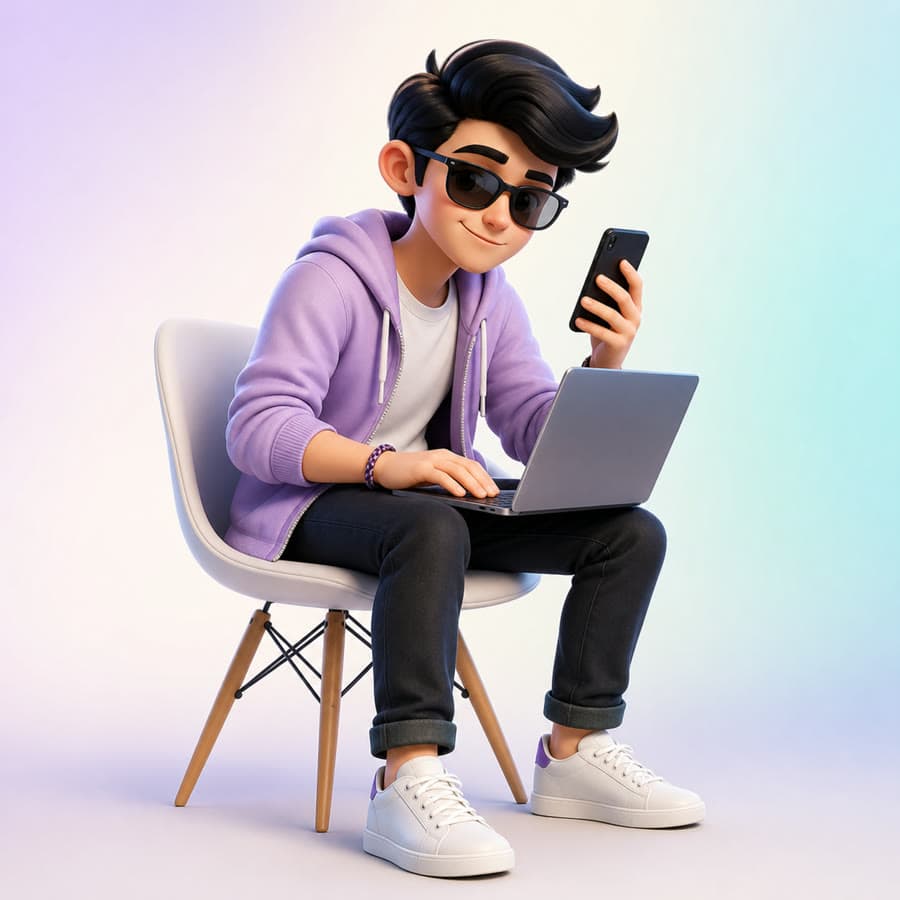 Nephew working at a laptop and phone