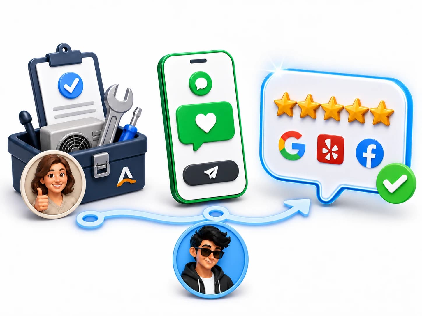 A completed service visit leads to a message asking for an honest Google review.