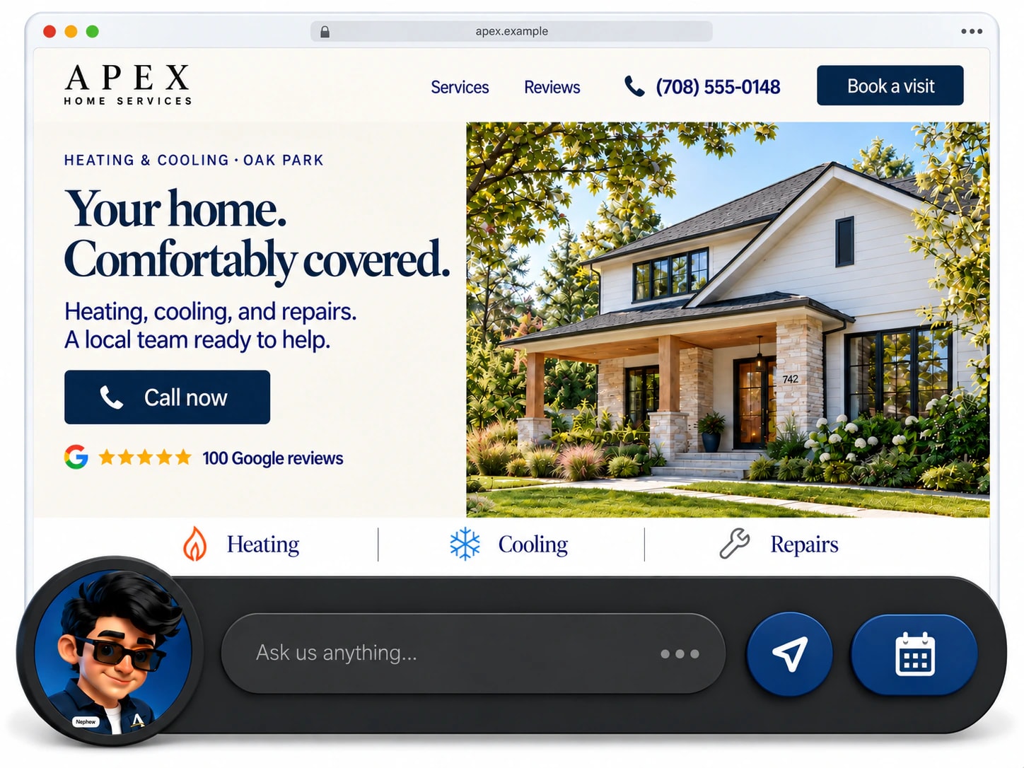 Website with five gold stars, 100 Google reviews, Nephew’s conversation bar and booking control.