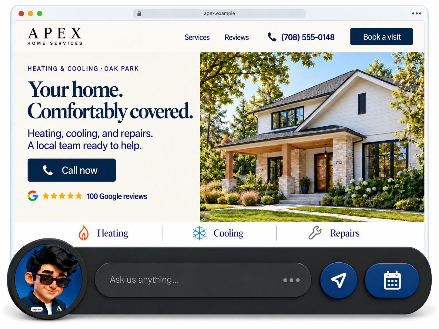 Illustrative Apex website: call-first design, five gold stars, 100 example Google reviews and Nephew’s conversation bar.